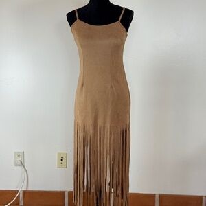 Festival Fringe Western Dress Faux Suede Vegan Wild Tan Straps Small XS
